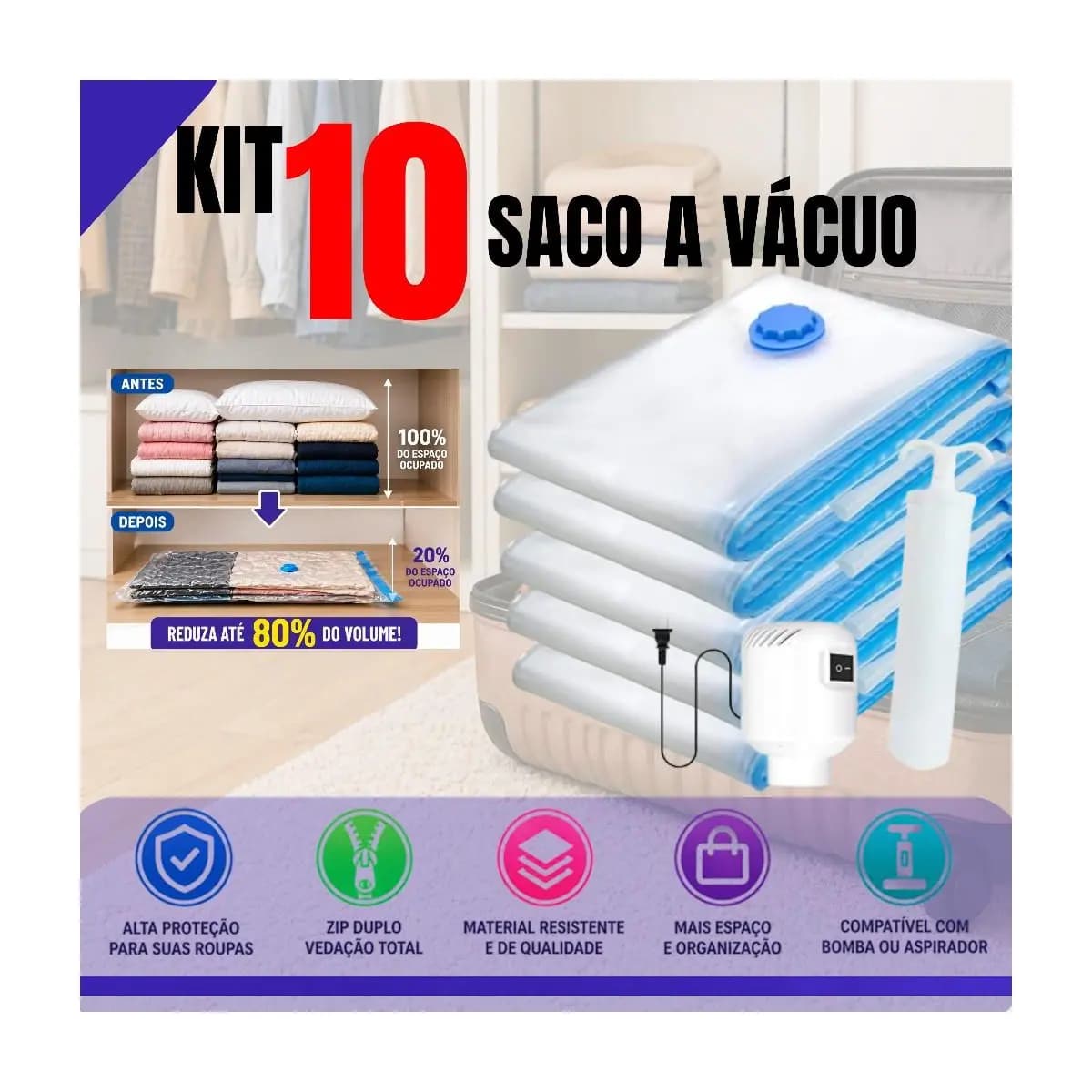 Kit com 3 5 ou 10 Saco a Vácuo 50x60 Promocional Roupa Edredom Organizador Mala Viagem Compactador Premium