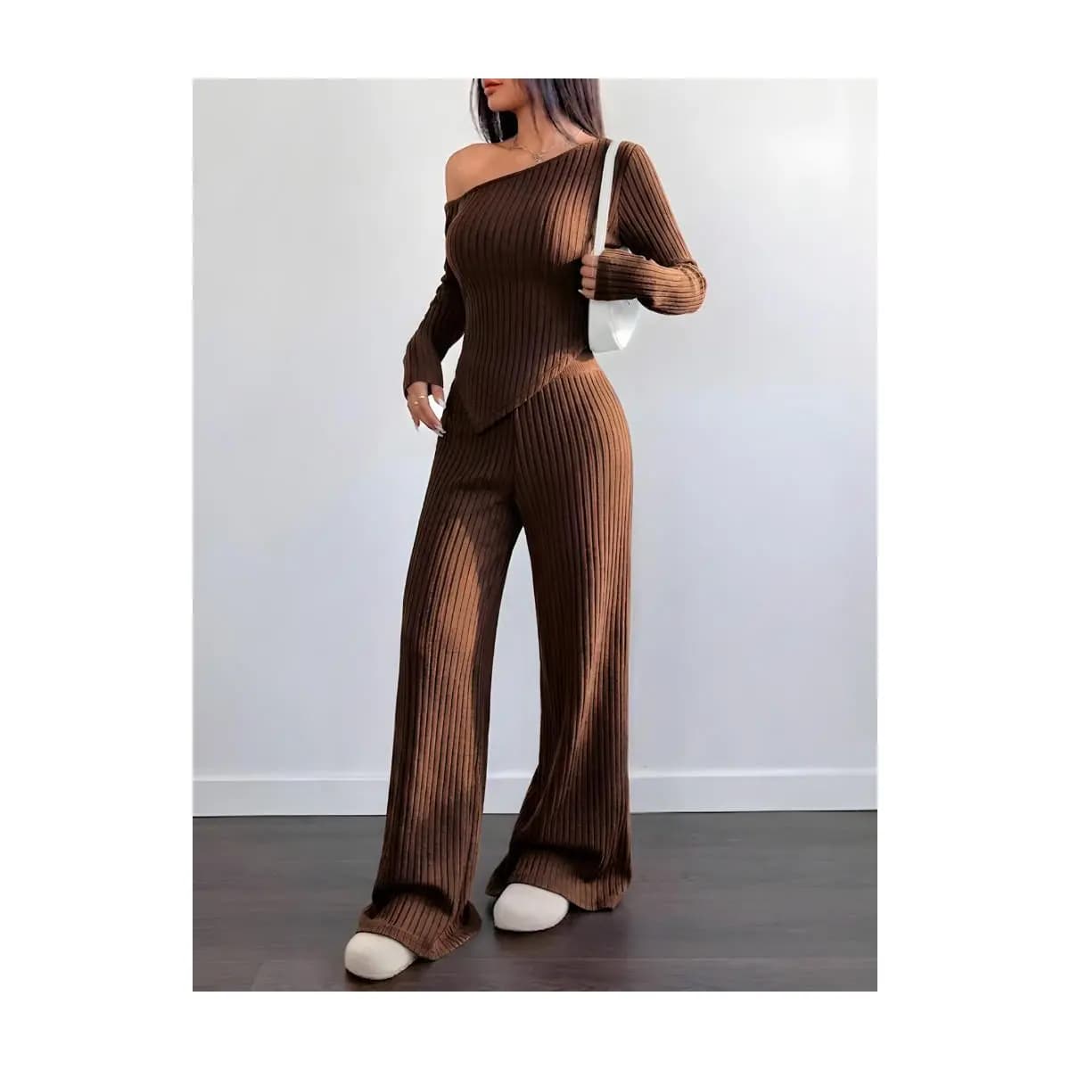 Conjunto Mila Feminino Blusa Assimétrica Manga Comprida + Calça Pantalona Malha Ribana Moda Inverno