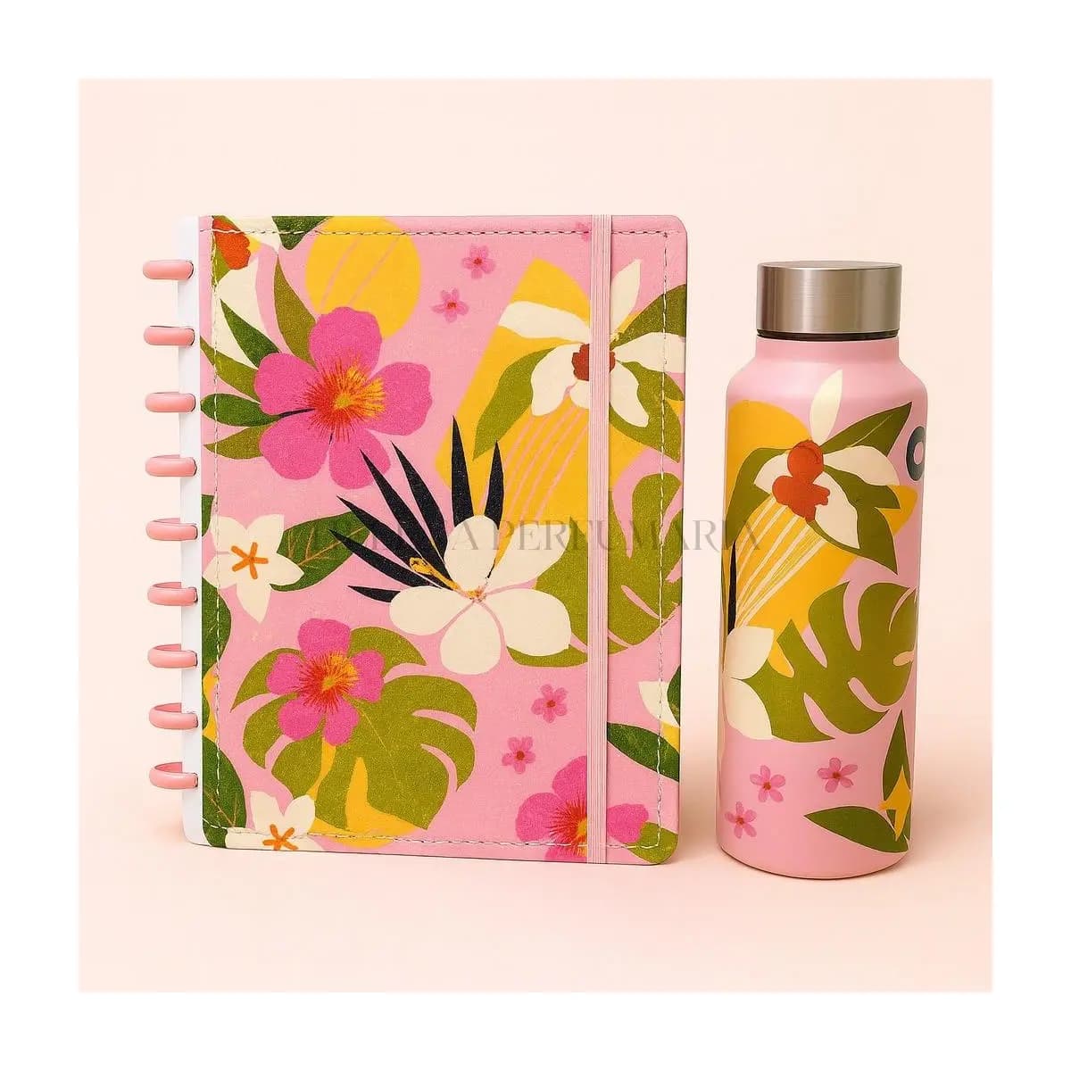 Kit Floral Tropical Caderno de Discos B5 + Garrafa 800ml | Design Colorido Feminino