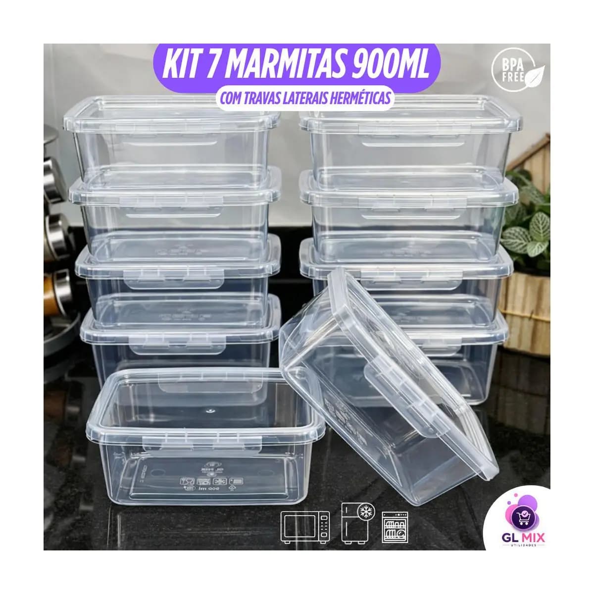 Kit 7 Marmitas 900ml Travas Laterais Herméticas Reutilizáveis - BPA FREE para Alimentos e Congelador