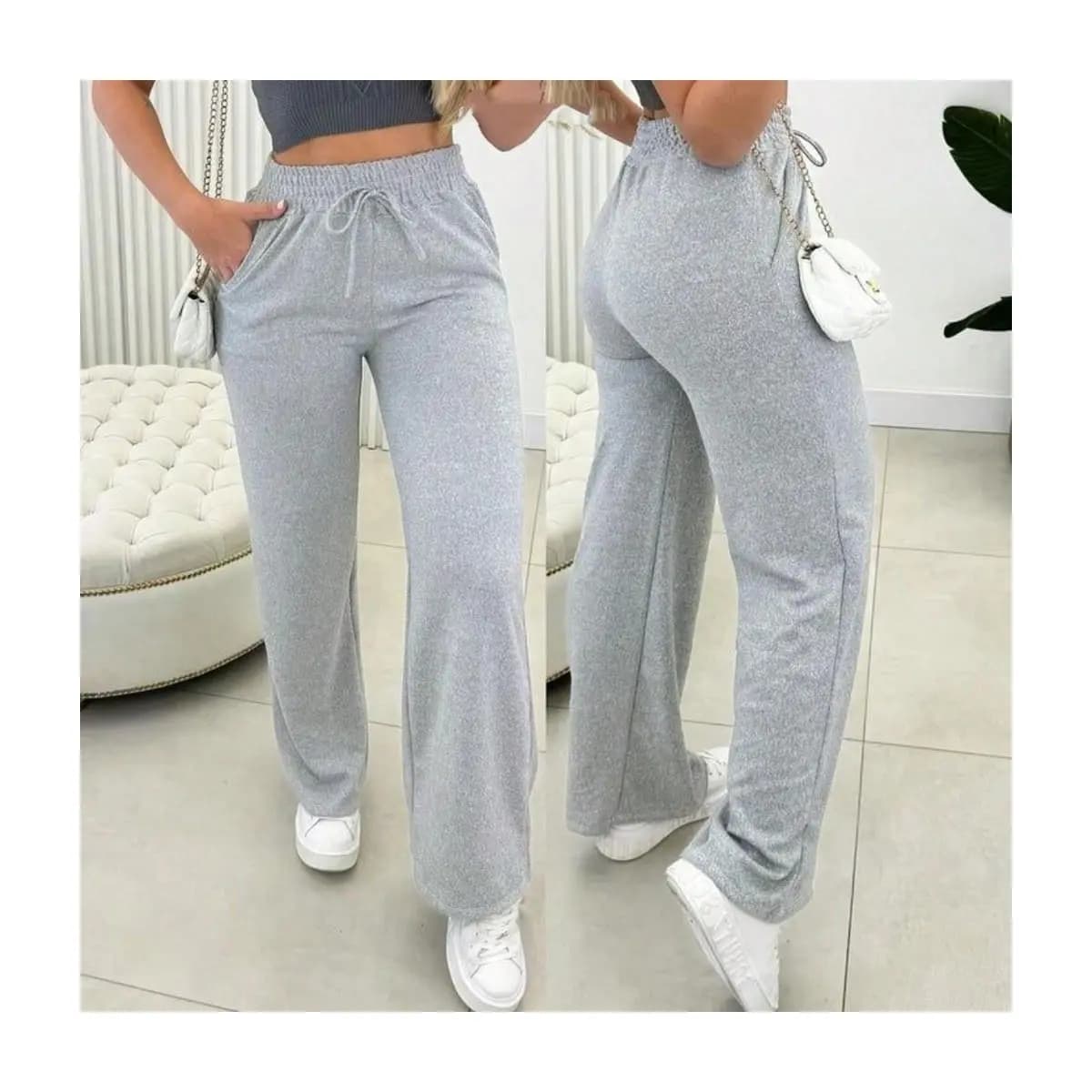 Calça Pantalona Lanzinha Feminina Cintura Alta Com Elastico De e Bolso Outono / Inverno Promoção