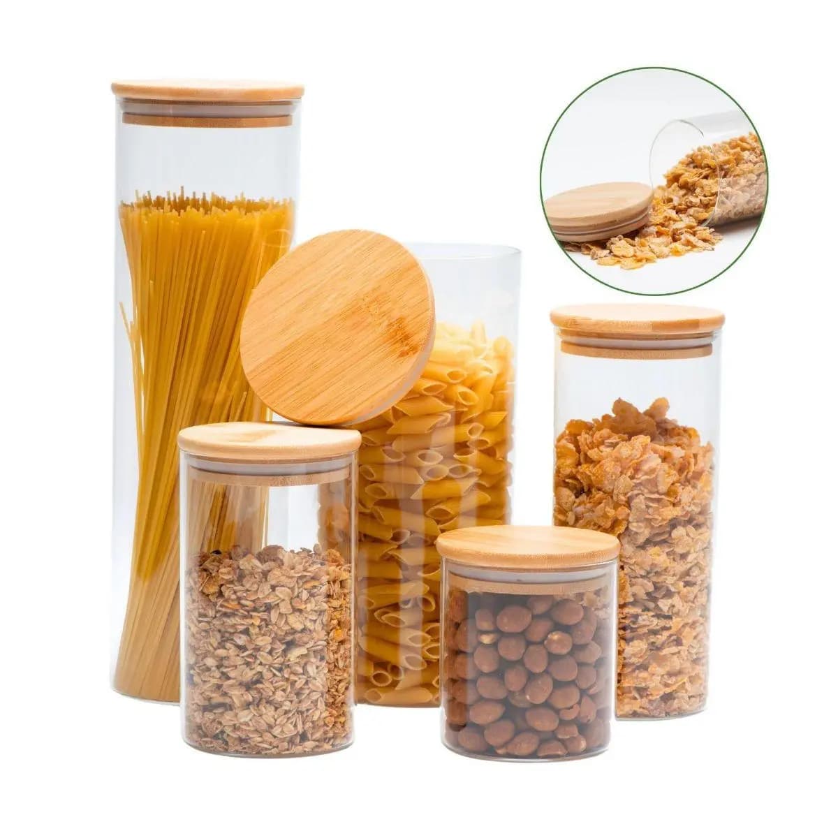 05 Potes de Vidro Hermético Transparente Tampa Bambu Porta Alimentos