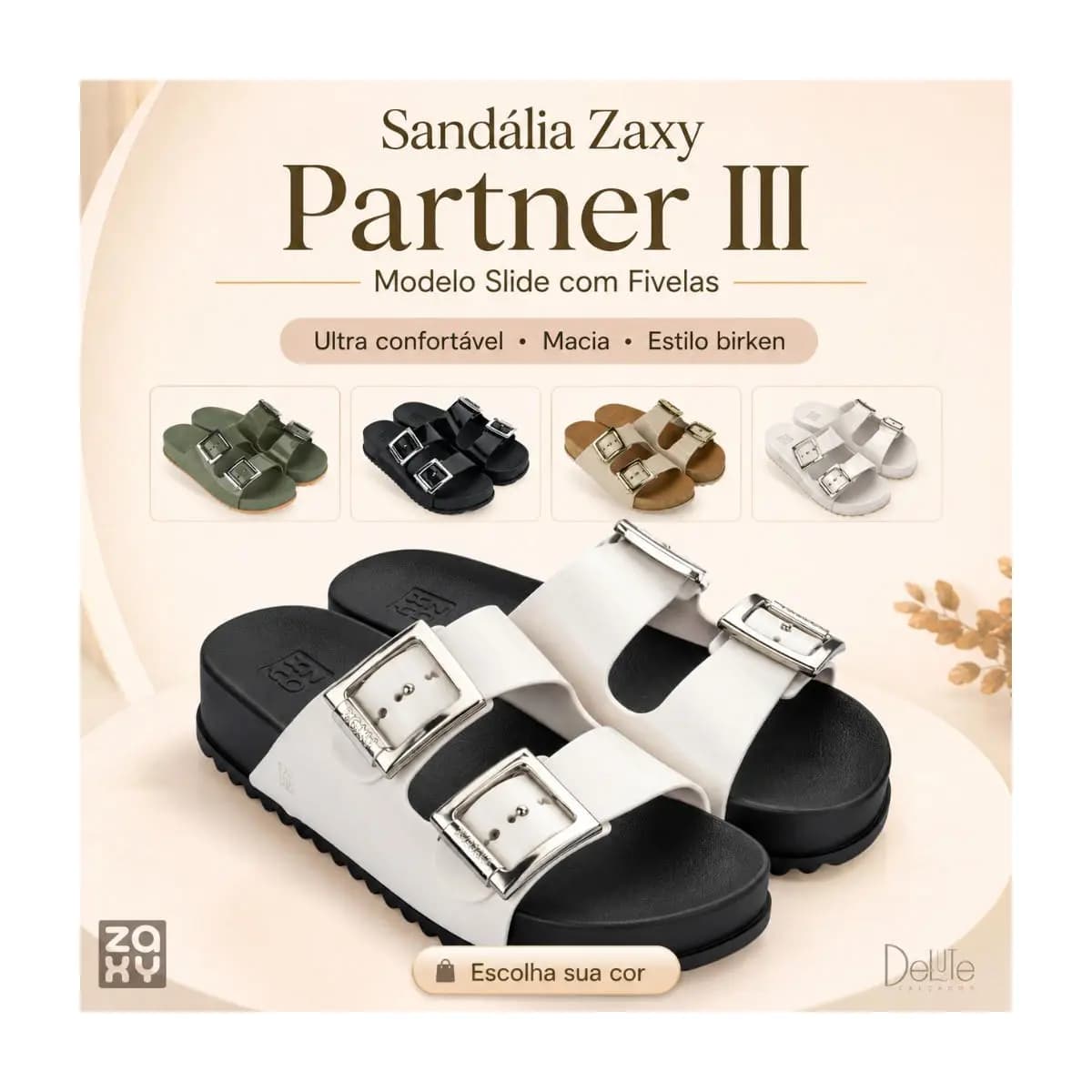 Sandália Zaxy Partner III com Fivelas Birken Modelo Slide Ultra Confortável Moda Feminina Macia