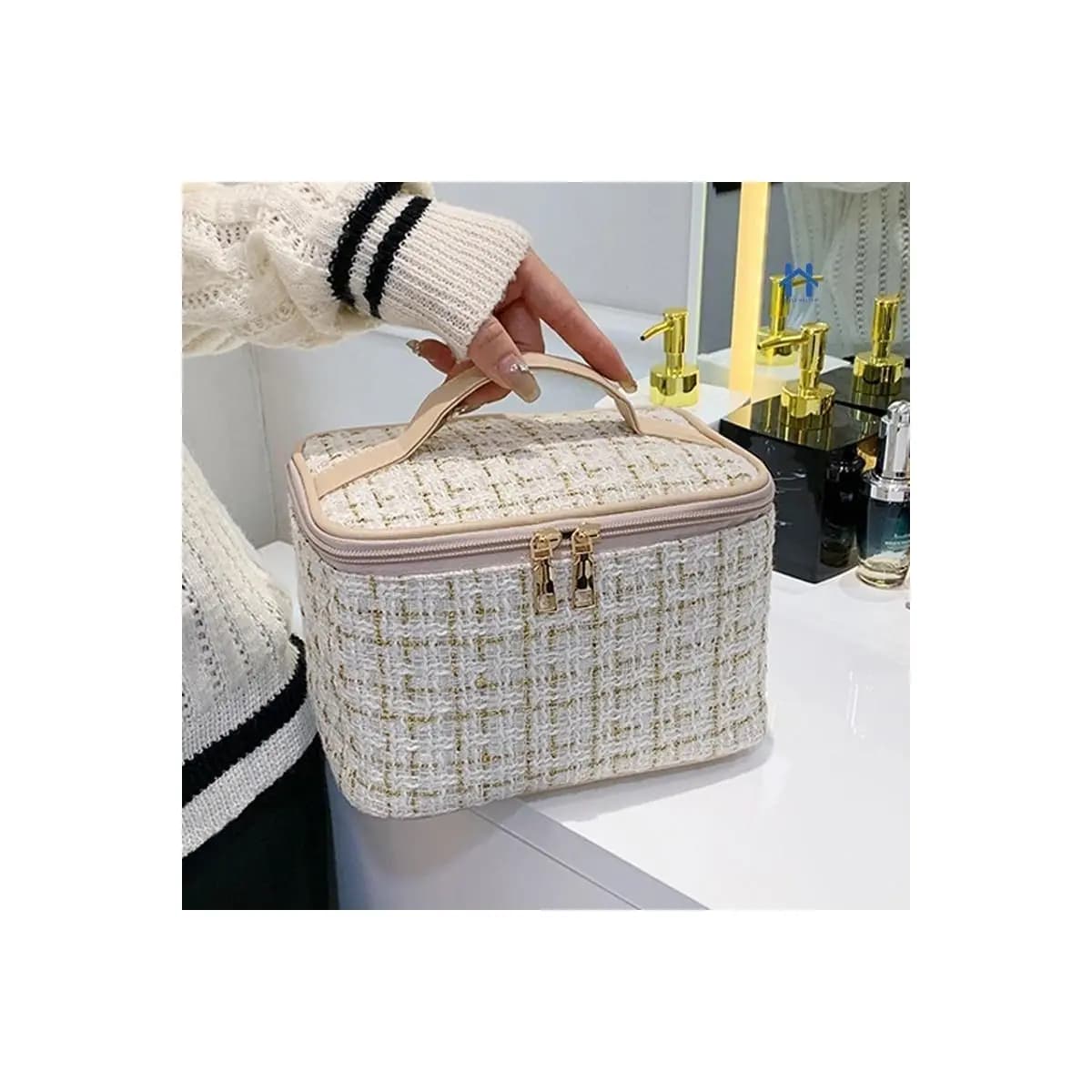 Bolsa Necessaire Tweed Feminina para Maquiagem com Zíper Para Viagem, Mochila, Alça em Courinho HH