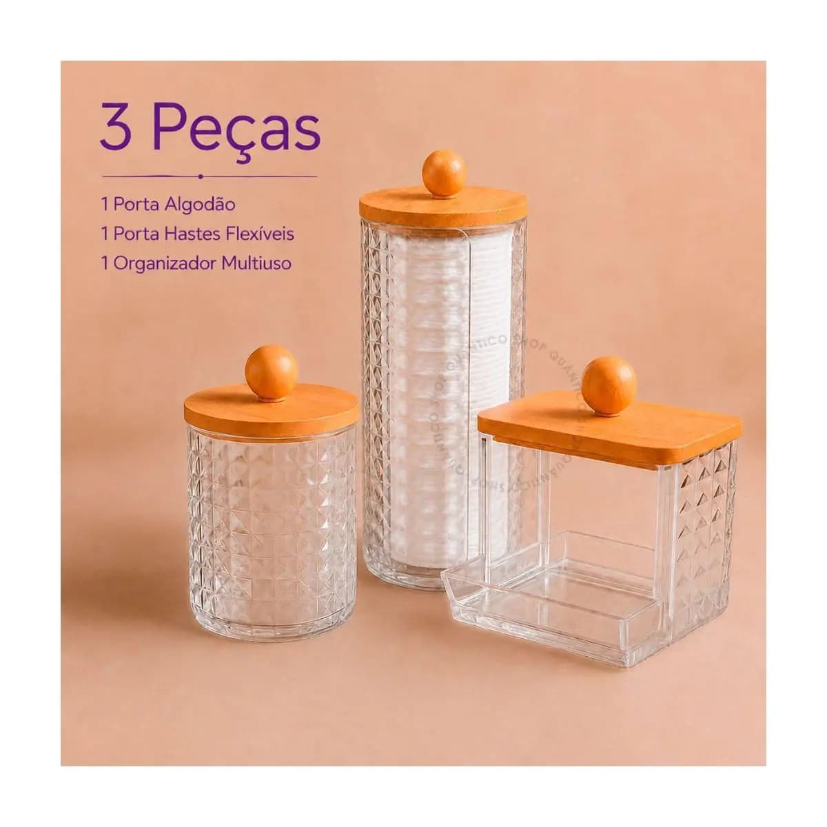 kit 3 Organizadores Tampa Bambu Porta Algodão ou Porta Cotonete Acrílico