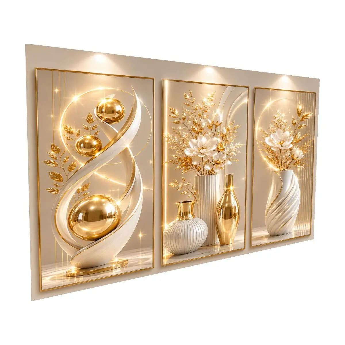 Kit De Quadros Brilhantes Vasos Elegantes Abstratos Geométricos Modernos Luxo Gold Hall (V.BRILHO)