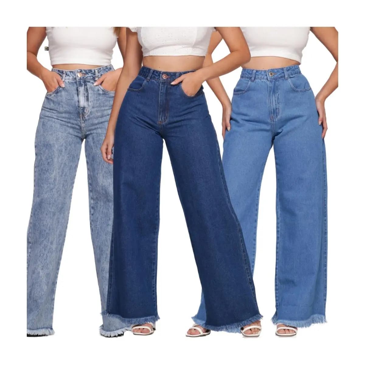 Calça Jeans Feminina Cintura Alta Wide Leg Com Bolso