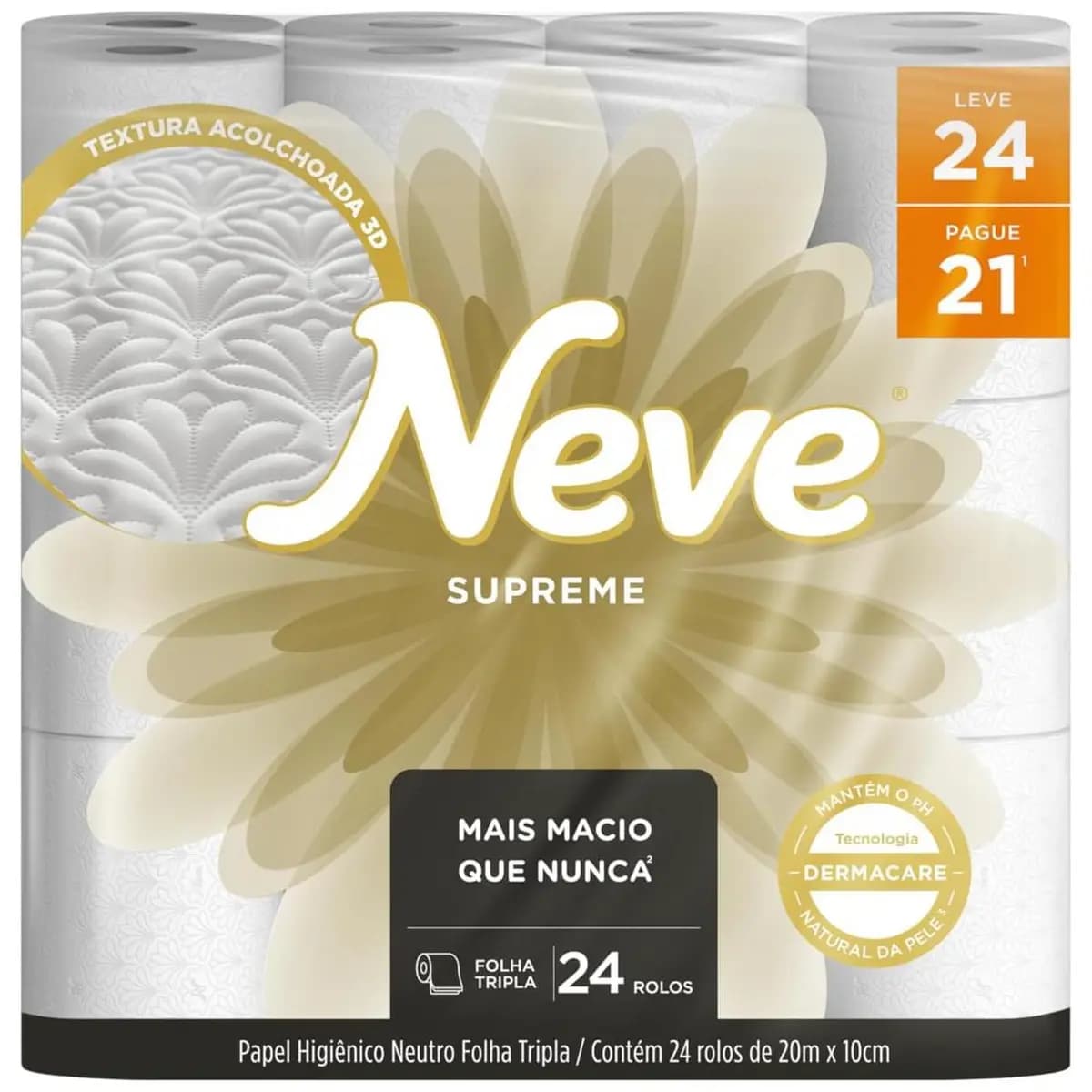 Neve Papel Higiênico Supreme Folha Tripla, 20m, Leve 24 Pague 21 Rolos