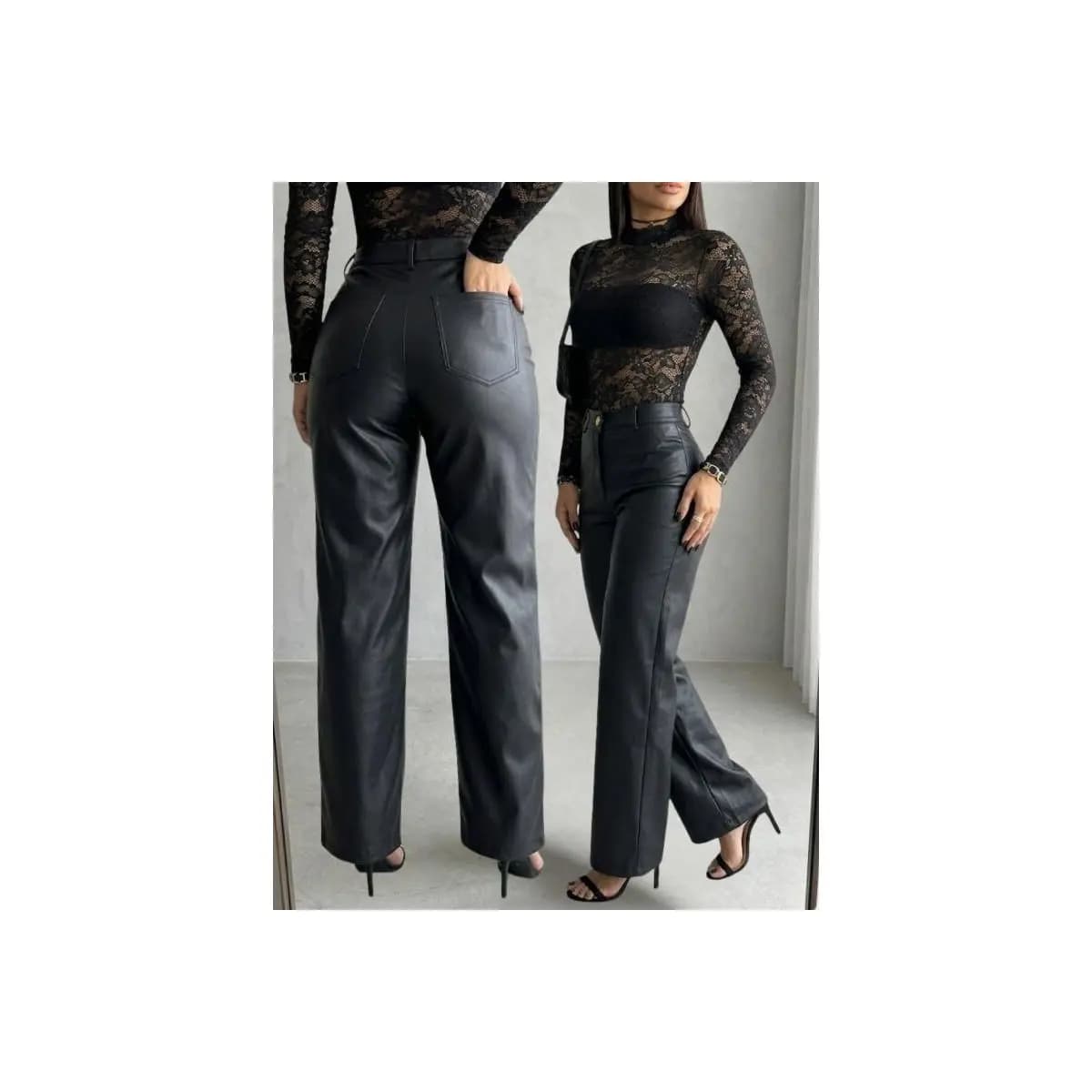 Calça Couro Fake Feminina Cintura Alta Wide Leg Pantalona Couro Ecológico Premium