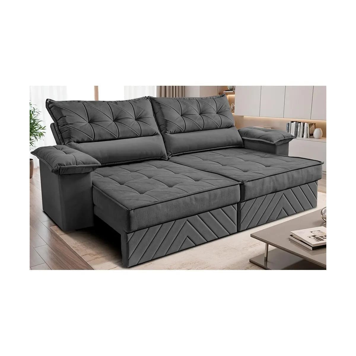 Sofá Retrátil e Reclinável 2,40m com Molas e Espuma D33 Thunder Velusoft Cinza Cama inBox