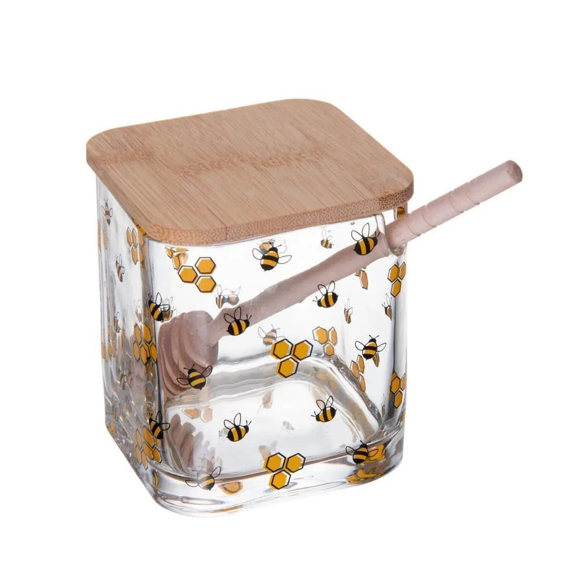 Meleira de Vidro 9,5cm Bee Lyor com Tampa e Pegador de Bambu para Servir Mel