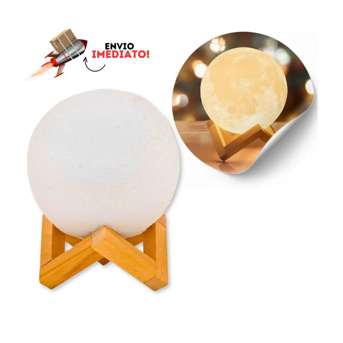 Abajur Luminária Lua Cheia 3d Led De Mesa Sem Fio Quarto Cúpula Branco Estrutura Marrom claro