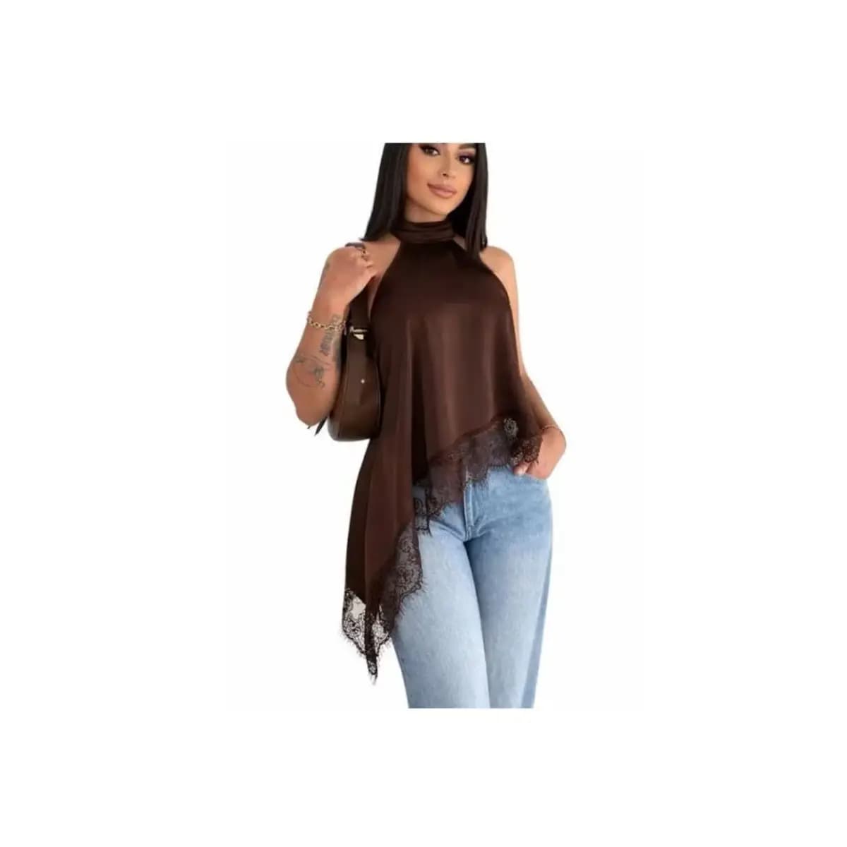 Blusa Feminina Gola Alta Assimétrica Frente Única Com Renda Bata Elegante Tendência Inverno
