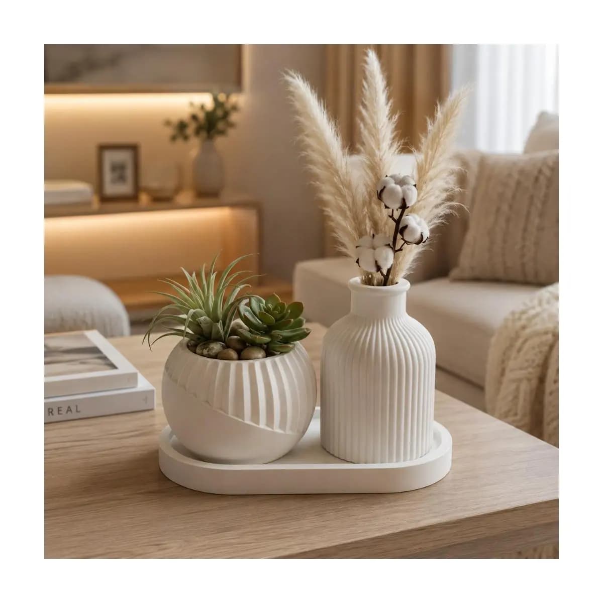 Kit Vaso Decorativo em Gesso com Garrafa e Vasinho e bandeja Moderno Decoração para Sala, Mesa, Quarto e Escritório