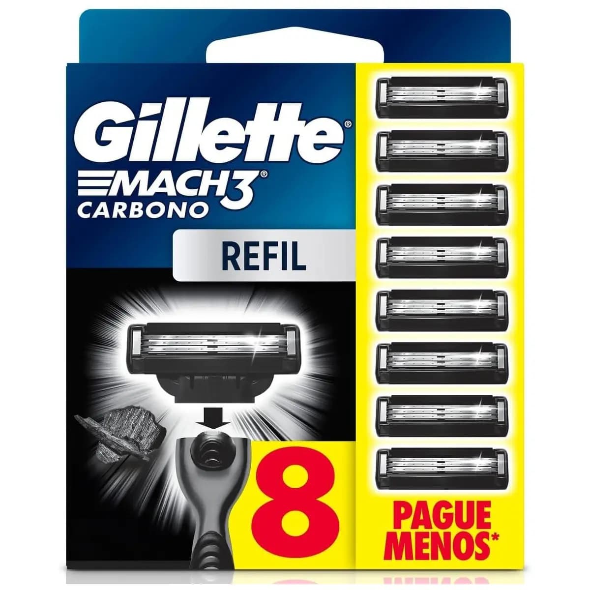 Gillette Mach3 Carbono Carga para Aparelho de Barbear com Carvão 8 Unidades