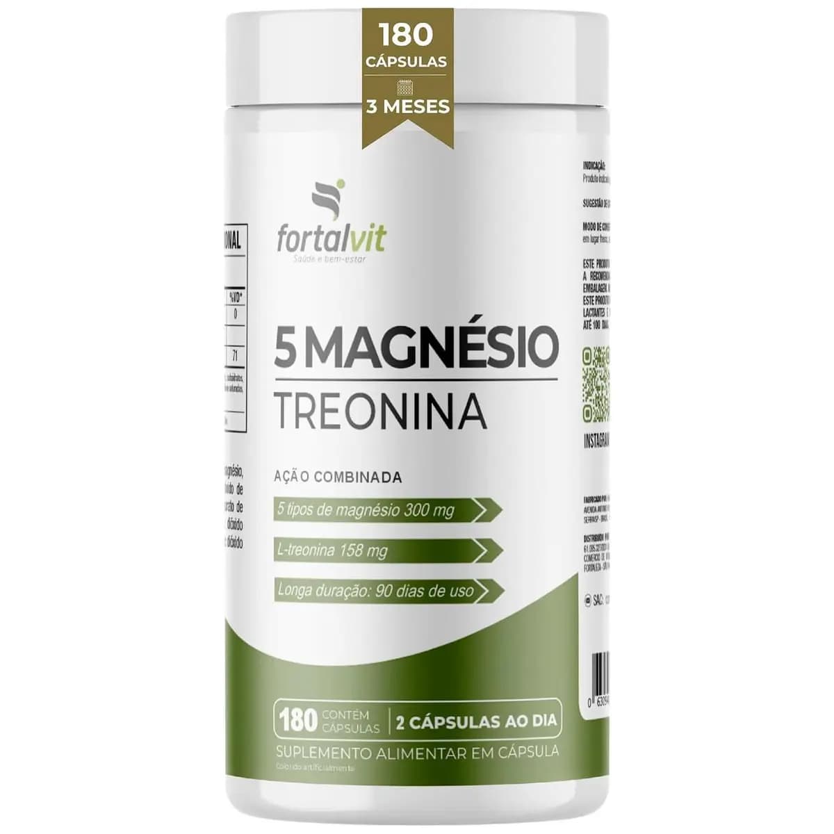 5 Magnésio Treonina 180 Cápsulas, 3 Meses de Uso, Longa Duração, Alto Teor Treonina + 5 tipos de Magnésio, Fortalvit