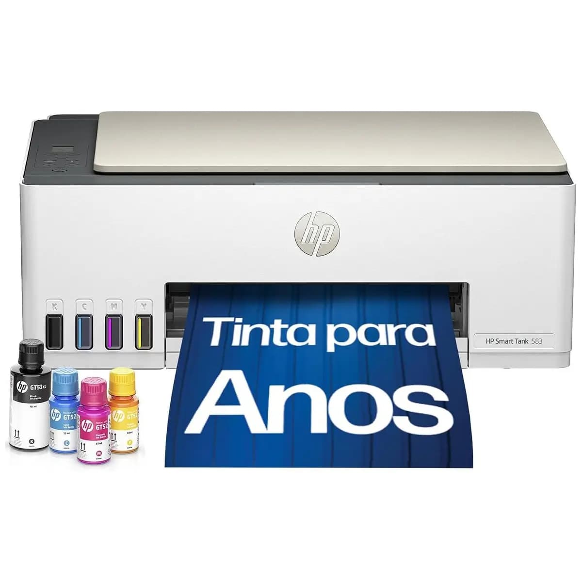 Impressora Multifuncional HP Smart Tank 583 Tanque de Tinta Colorida Wi-Fi com autorreparo, USB - Impressora, Copiadora e Scanner Cor: Branco (4A8D8A)