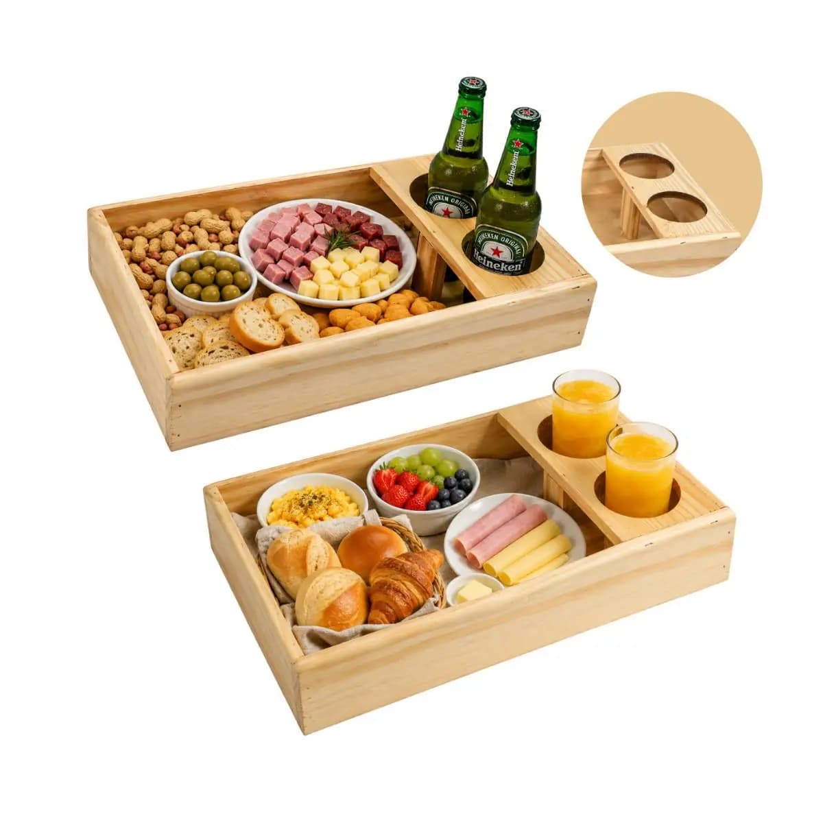 Bandeja para Café da Manhã Suporte Suco Petiscos Cerveja Copo Sofá Long Neck 30x20x6 Madeira Rústico