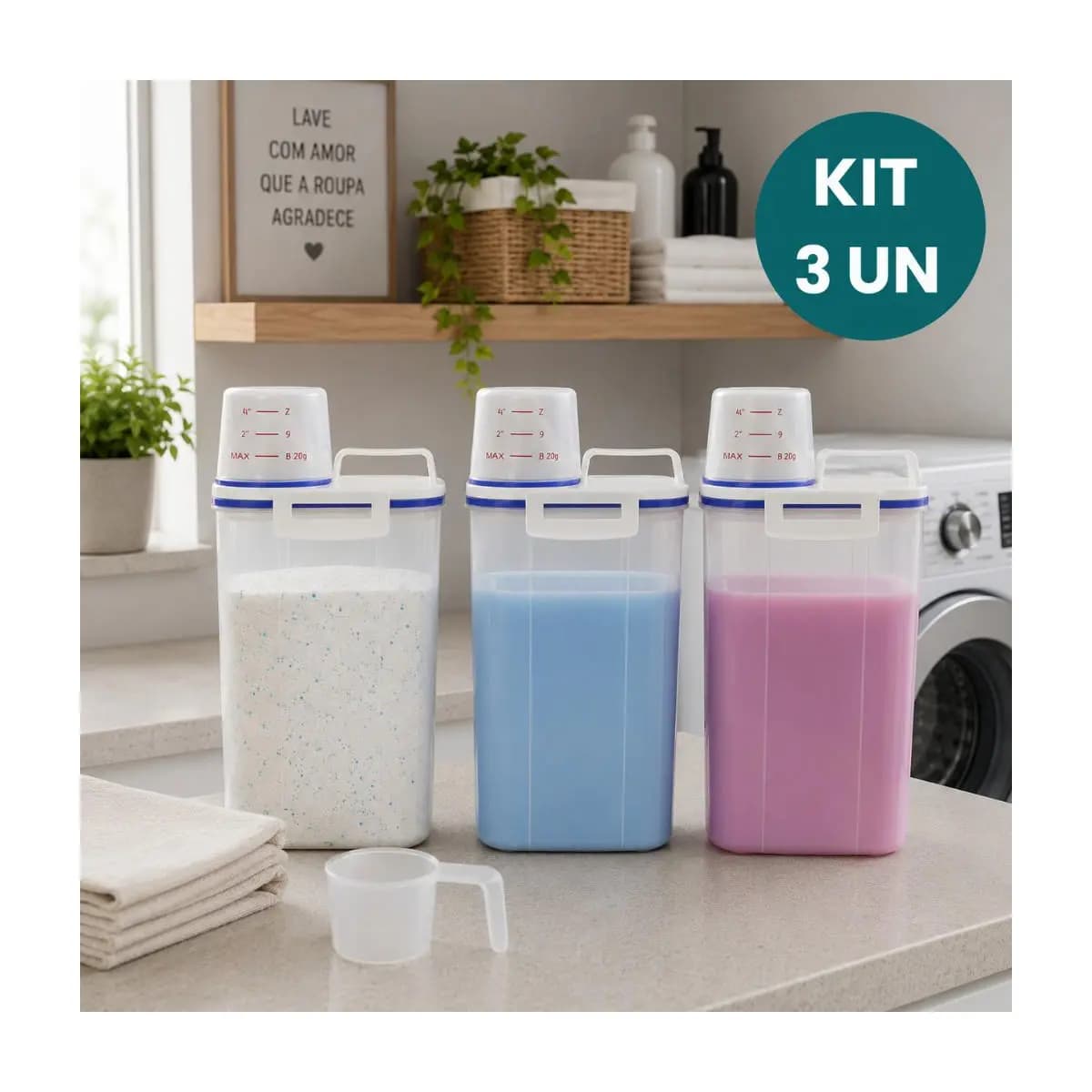 Kit 3 Potes Herméticos 2L Lavanderia Copo Medidor Bico Dosador Porta Sabão em Pó Amaciante Anti Vazamento