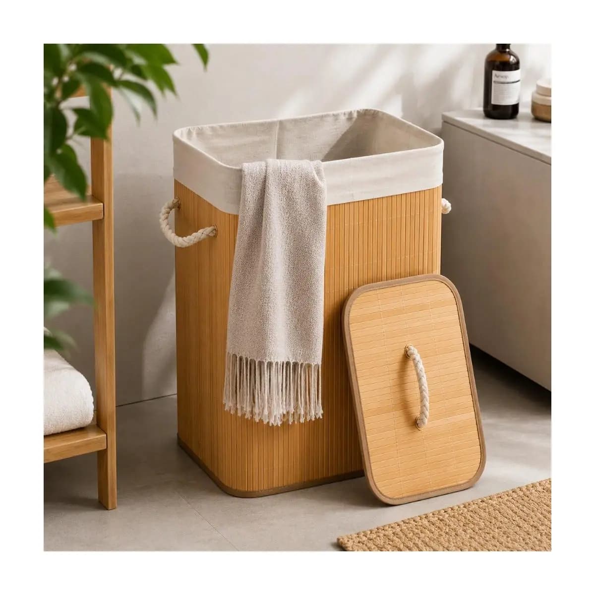 Cesto de Roupa suja Bambu 60 LITROS Dobrável Organizador com Revestimento Interno alta capacidade GRANDE