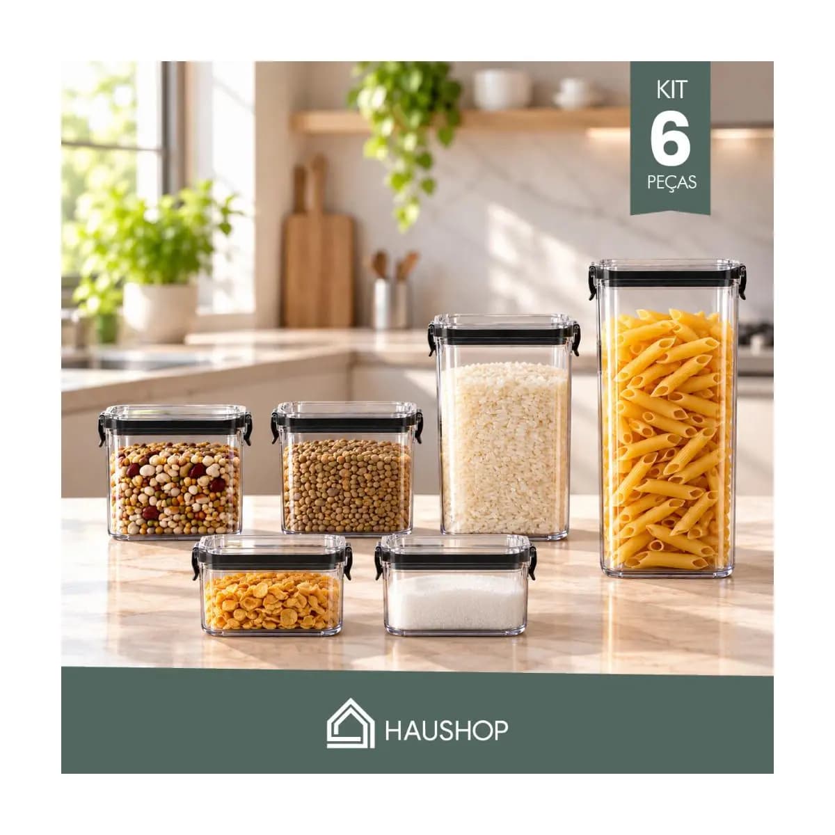 Potes Herméticos Kit 6 Unidades Plásticos Haushop BPA Free Para Alimentos Porta Mantimentos Organizador Cozinha