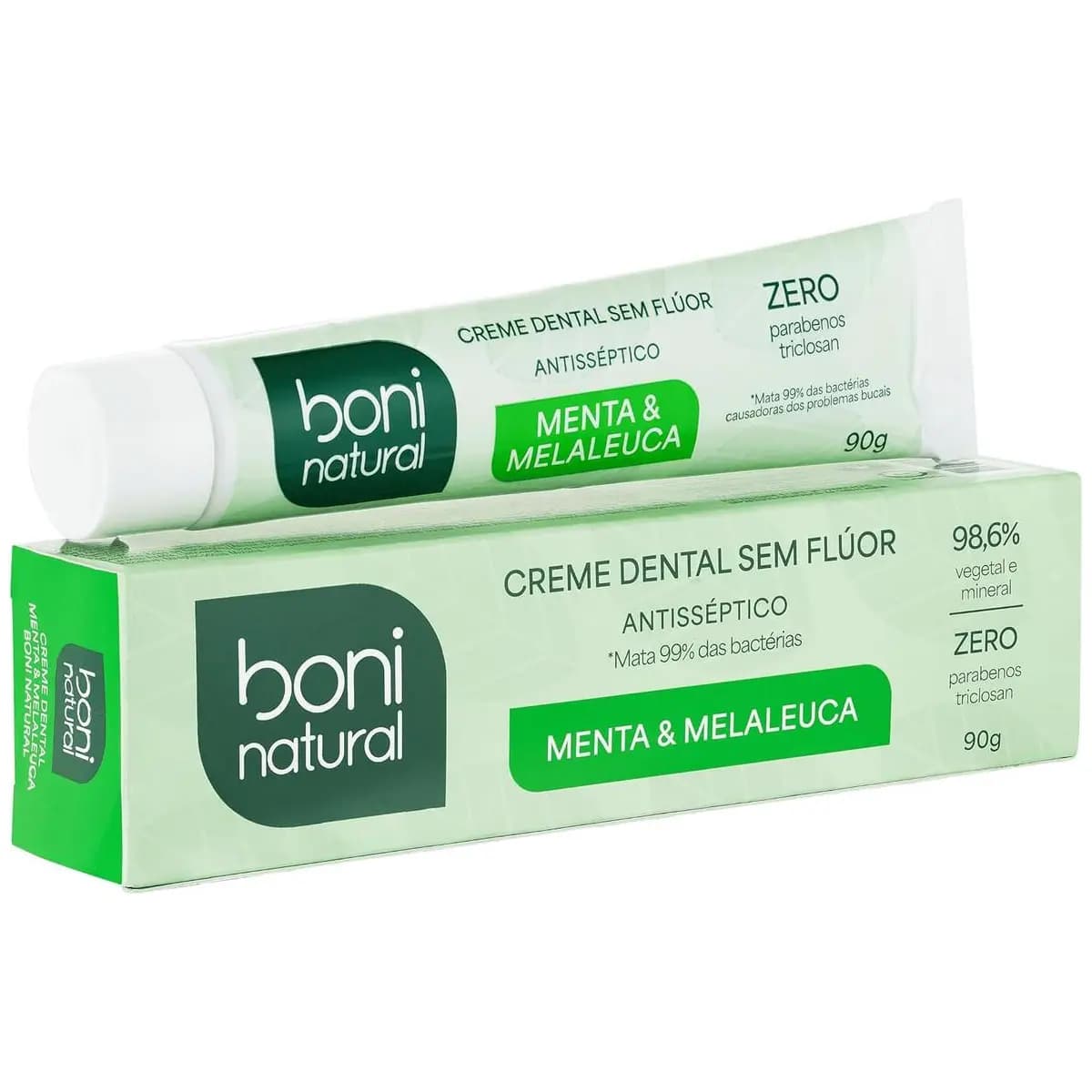 BONI NATURAL - Creme Dental com óleos naturais de Menta e Melaleuca Vegano e Natural, Sem Flúor, Sem Triclosan, 90g