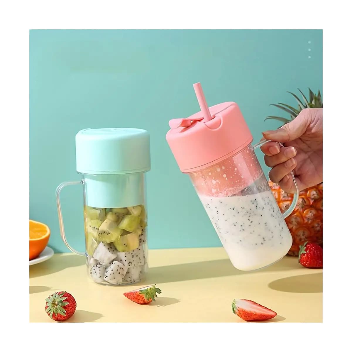 Copo Caneca Liquidificador Mini Juicer 420ML 6 Laminas Com Tampa E Canudo Recarregável Portátil Xuyuan