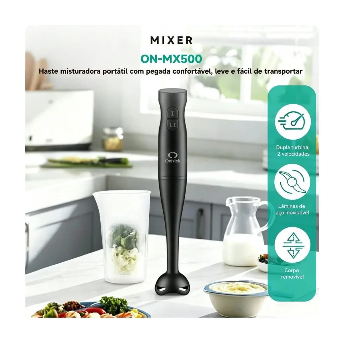 Mixer De Mão Misturador Elétrico De Alimentos Portátil Lâmina Inox 2 Velocidades 200W Preto