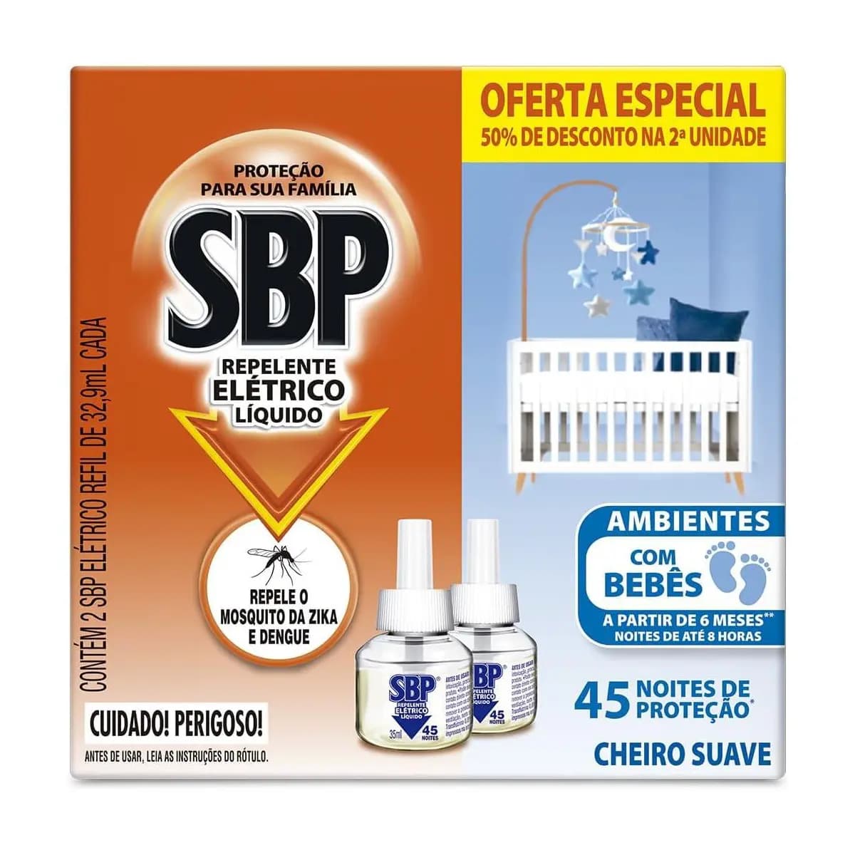 Repelente Elétrico Líquido SBP 45 Noites Cheiro Suave com 2 unidades de 32.9ml