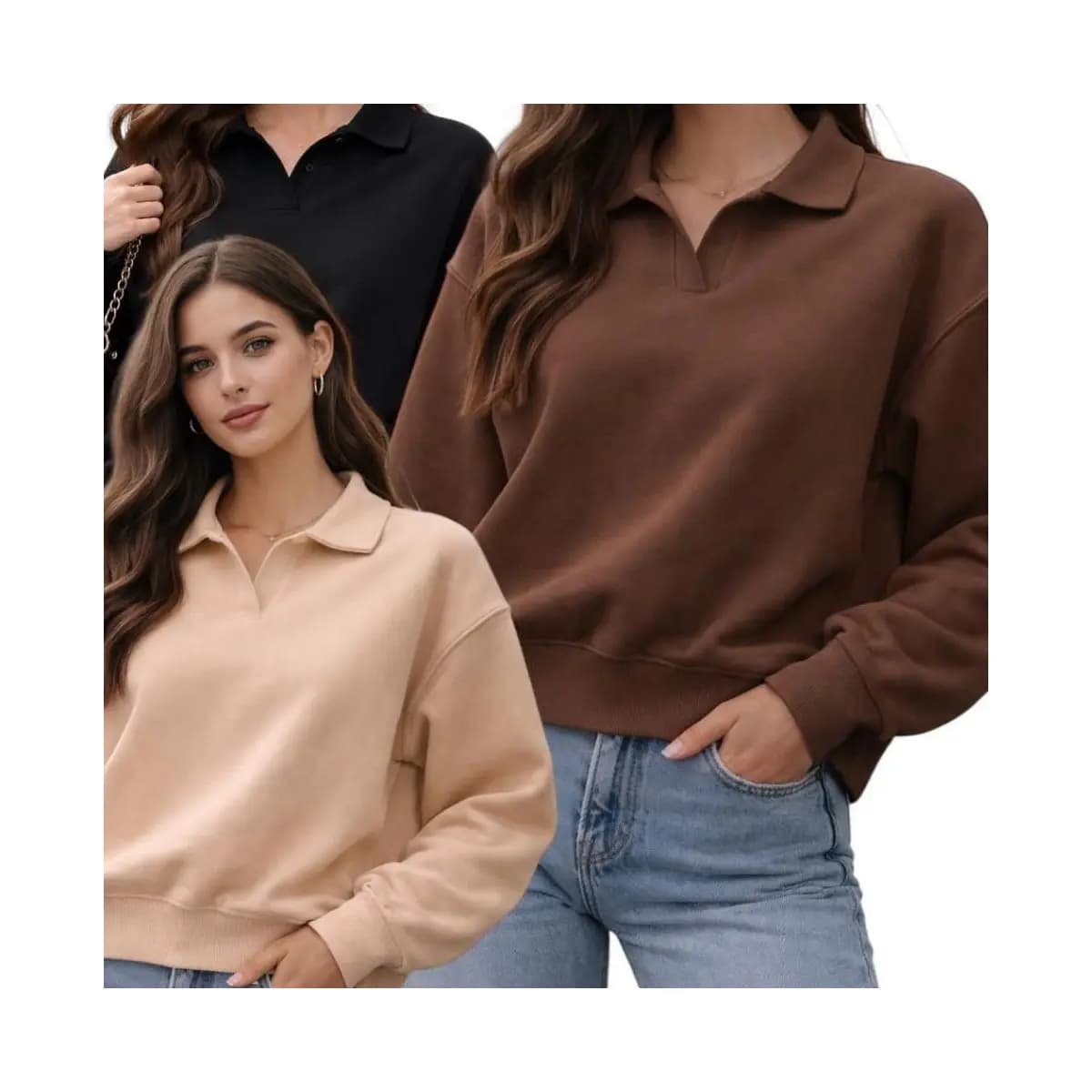 Moletom Feminino Oversized Gola Polo Premium Casual Chic Confortável Manga Longa Moda Inverno