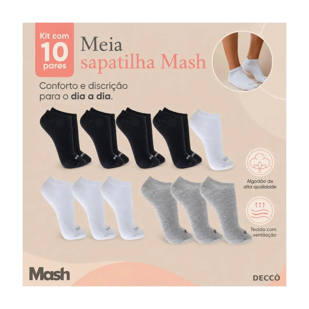 Kit Com 10 Pares De Meias Soquete Sapatinha Mash Feminina E Masculina Unissex Cores Básicas