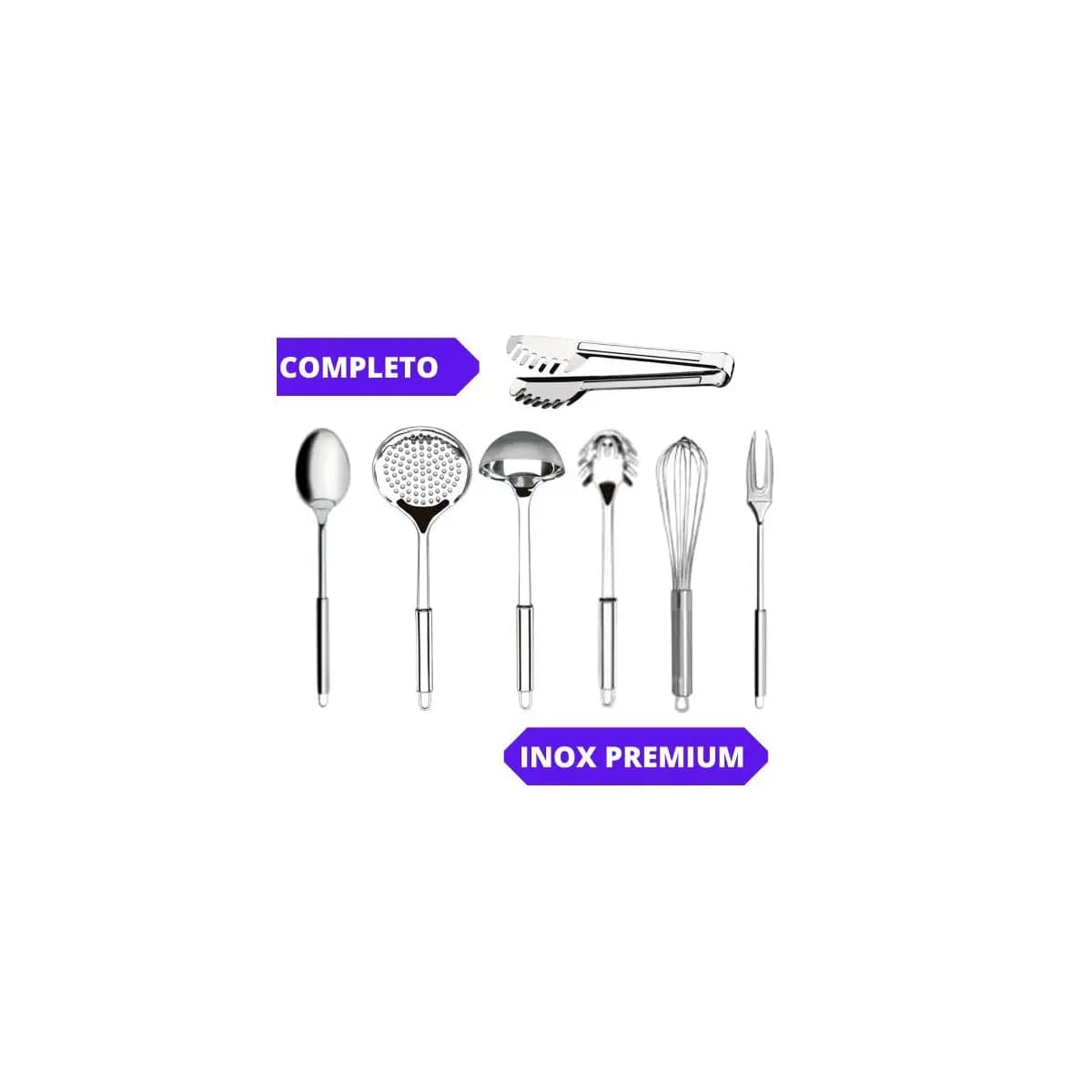 Kit Utensílios de Cozinha 7 Peças Aço Inox Concha Escumadeira Pegador Massa Colher Garfo Fuet e Pegador
