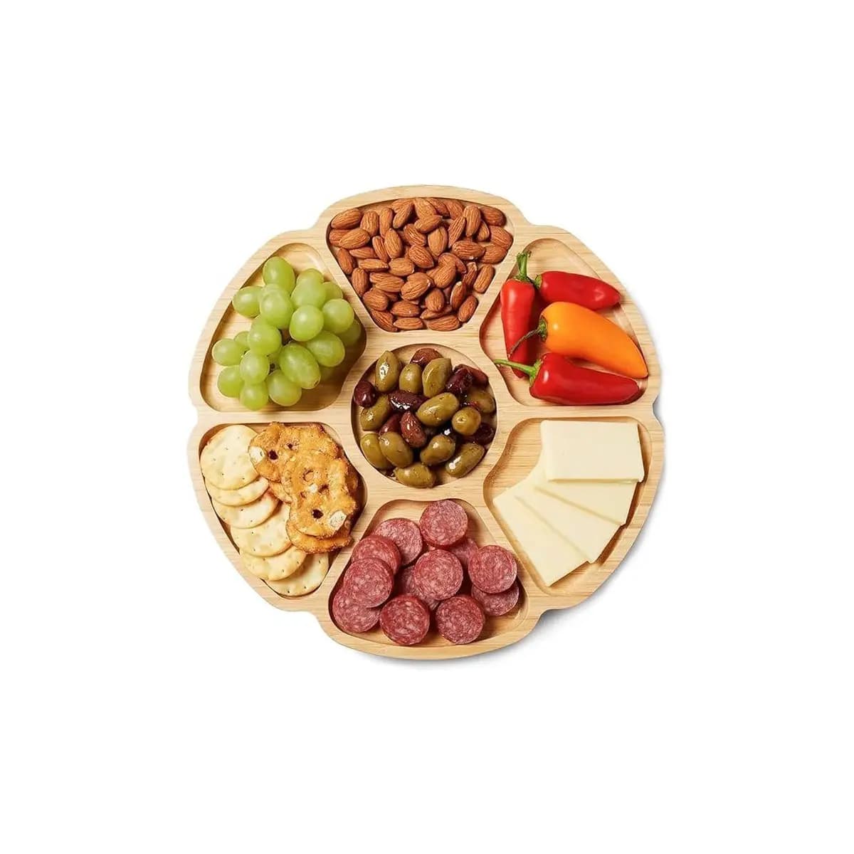 Petisqueira Redonda Flower com 7 Divisórias para Amendoim, Frios, Doces - 29cm - tipo Bambu MDF