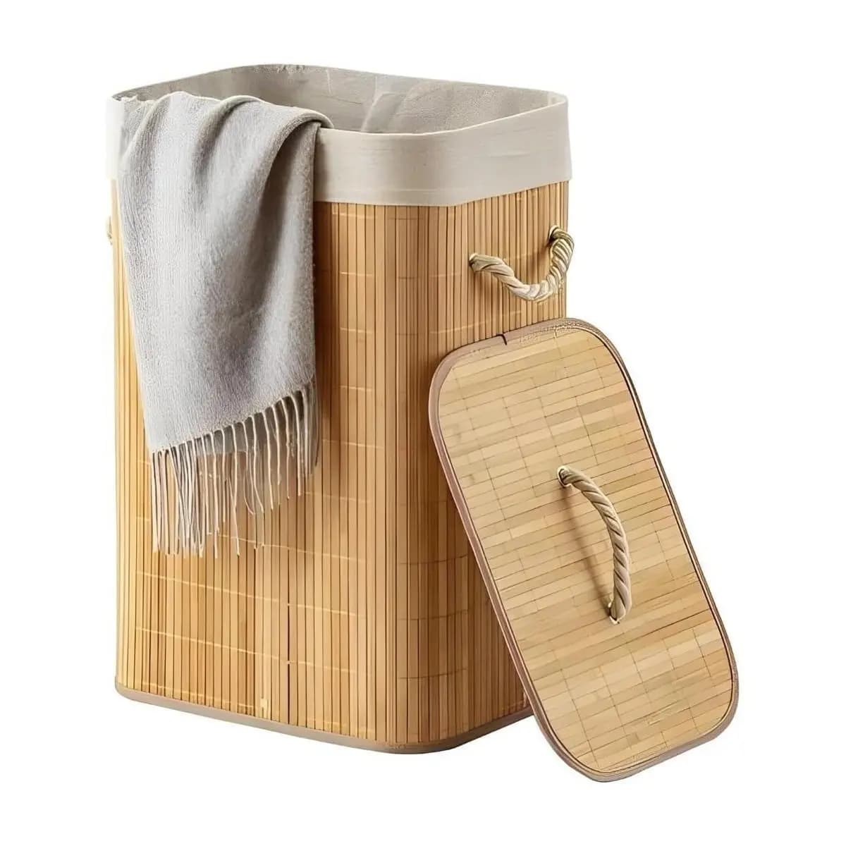Cesto De Roupa Suja Bambu Dobravel Organizador 72L Forrado Banheiro 60cm Grande Cesto Retangular