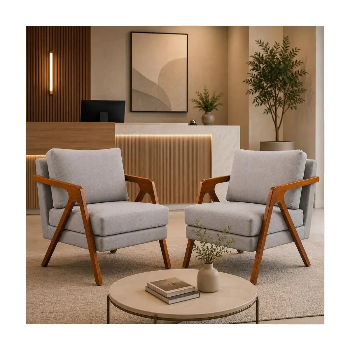 Duas Poltronas Mona Decorativas Modernas Kit Para Sala Recepção Consultório Escritório Madeira Maciça