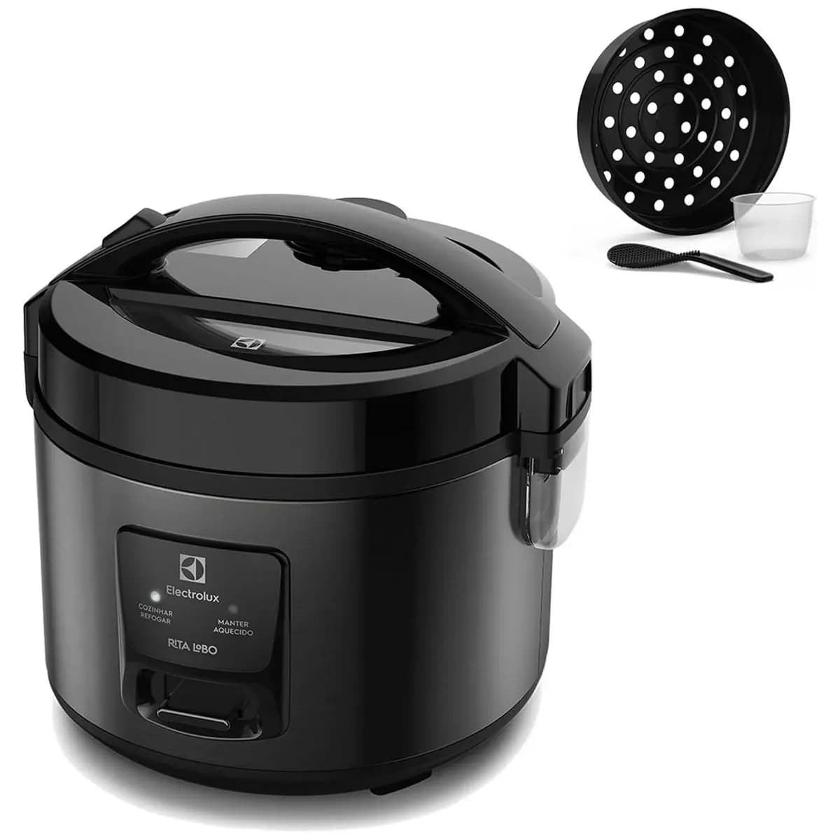Panela Elétrica Electrolux vapor arroz capacidade 2L 6 Xícaras 2 em 1 timer panela removivel antiaderente tampa com visor transparente ERC10 inox 220v por Rita Lobo