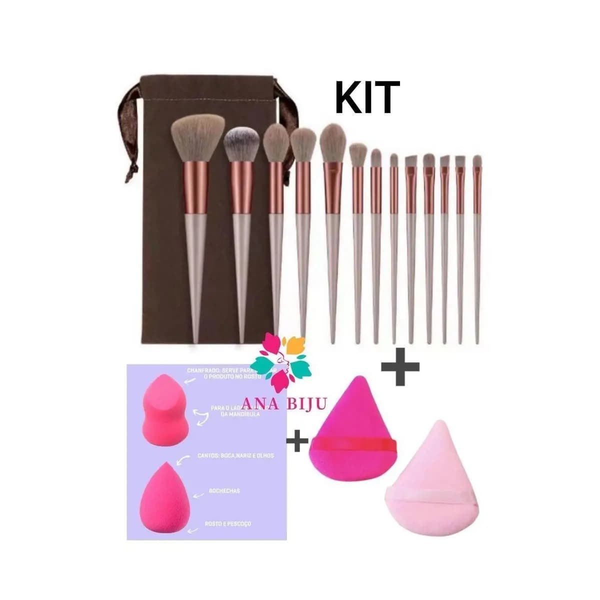 Kit de Pincel 13 + 2 Esponjas + 1 Kit esponja de Pó diamante COR aleatório