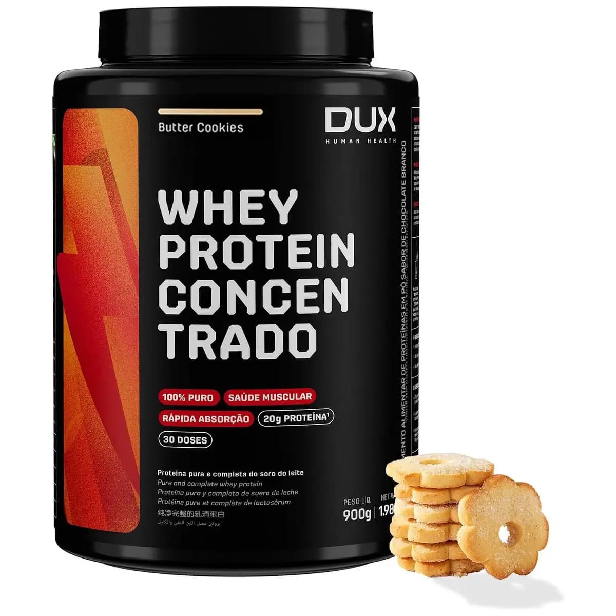 DUX HUMAN HEALTH Whey Protein Concentrado 900g Butter Cookies – Versátil para Receitas e Shakes