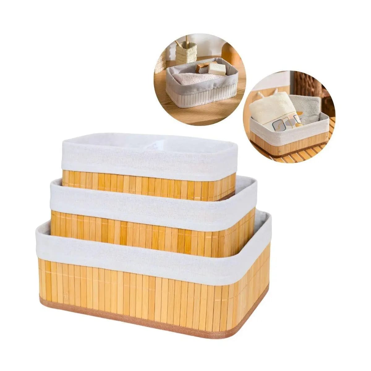 Kit 3 Cestos Organizadores de Bambu Multiuso com Forro