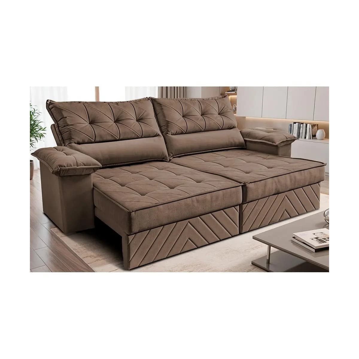 Sofá Retrátil e Reclinável 2,10m com Molas e Espuma D33 Thunder. Velusoft Cama inBox