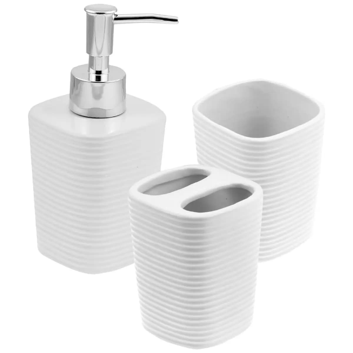 WOLFF - Conjunto 3 Peças para Banheiro Lines Branco - 1 Porta Sabonete Líquido, 1 Porta Algodão e 1 Porta Escovas