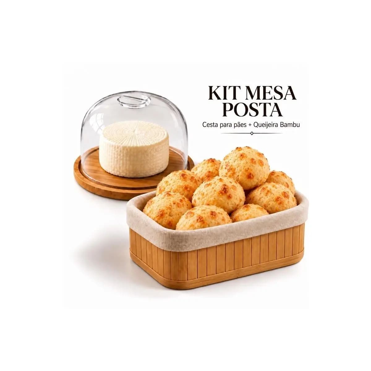 Kit Mesa Posta Queijeira Bambu Cesto de Pão Bandeja Café da Manhã Cozinha Petisqueira Porta Frios