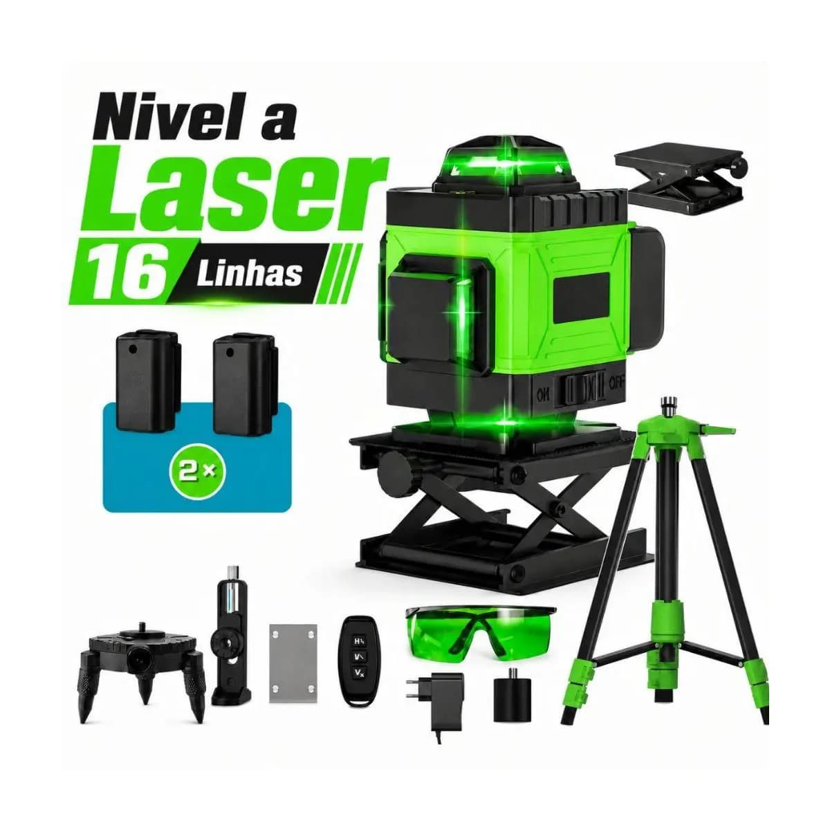 Kit Nível A Laser Verde 16 Linhas Esquadro + Suporte + Tripé Recarregável Profissional Prumo Autonivelante Óculos