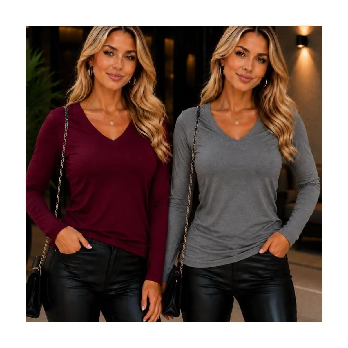 Kit 2 Blusas Feminina Manga Longa Gola V