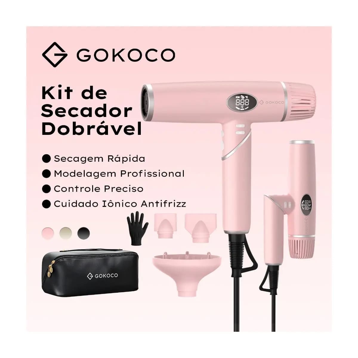 GOKOCO 3 em 1 Kit de Secador Dobravel Secagem Rapida Modelagem Profissional Cuidado Ionico Antifrizz Bivolt 110-220V