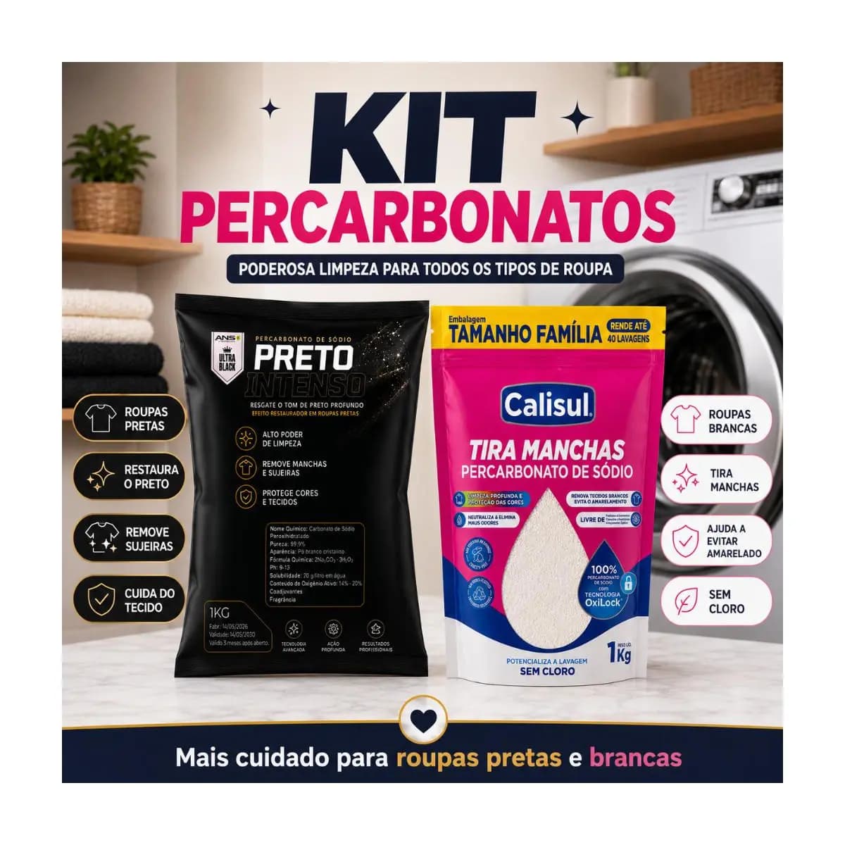 Kit Percarbonato Calisul 1kg + Preto Intenso ANS 1kg Tira Manchas Sem Cloro Roupas Brancas Pretas Coloridas