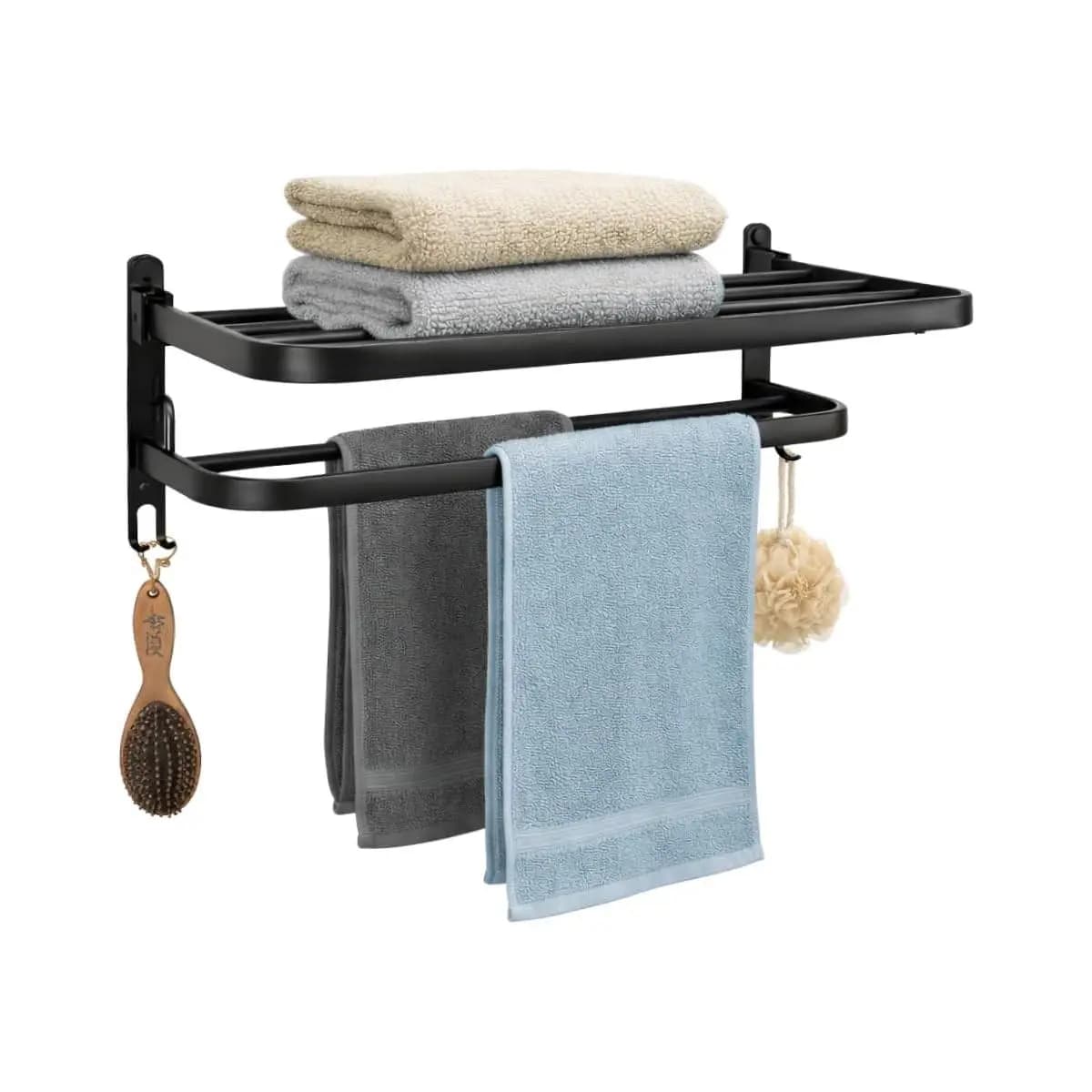 Toalheiro Duplo de Parede com Prateleira 46cm, Metal Preto Fosco