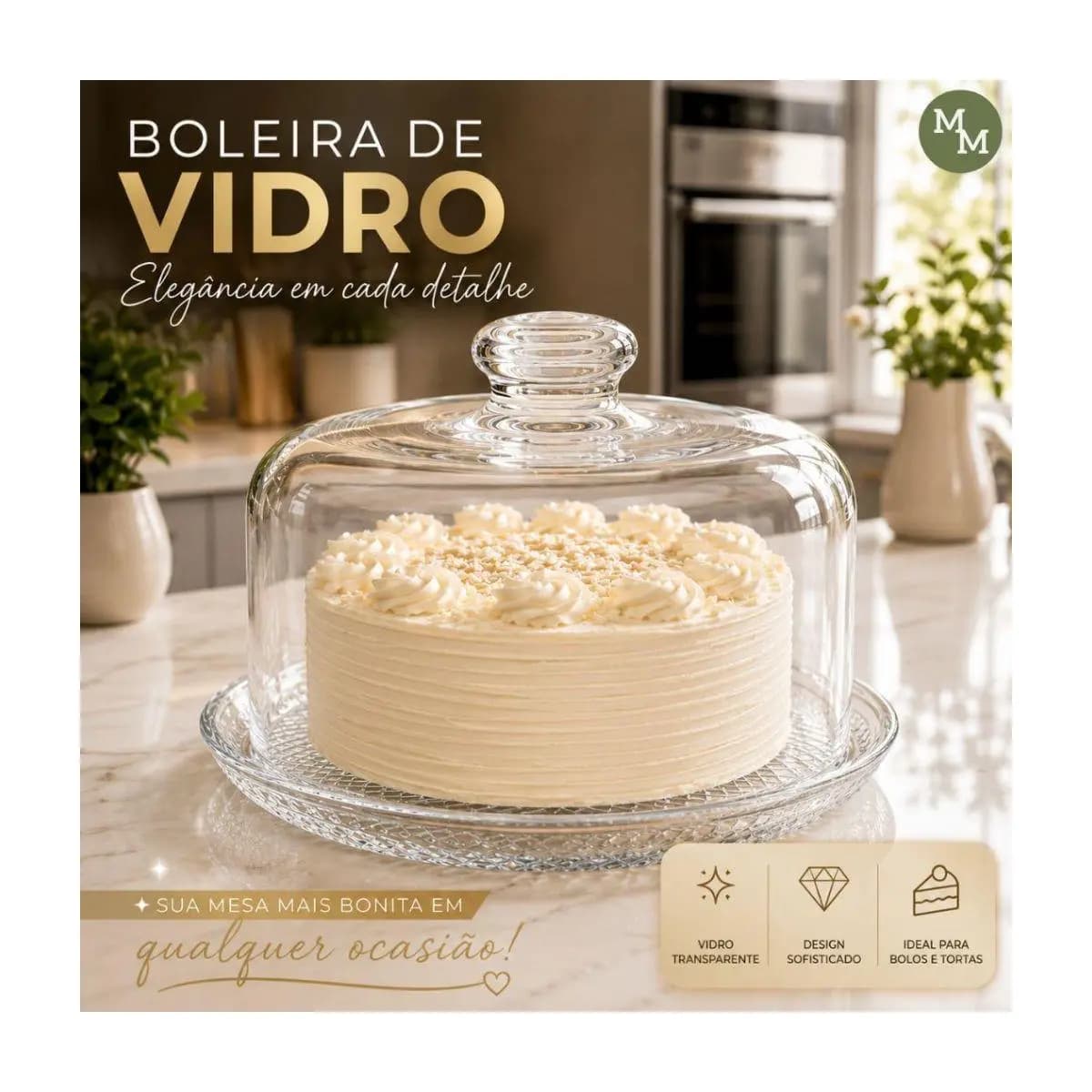 Boleira de Vidro com Tampa Transparente Redonda para Bolos Tortas e Doces