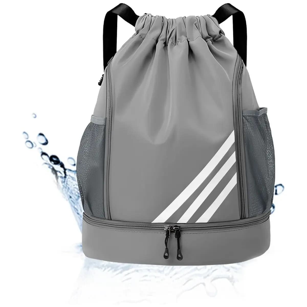 Mochila Esportiva com Cordão, Separação seca e húmida, Mochila de grande capacidade para viagens de lazer, Bolsos Laterais em Malha, Preto com Listras