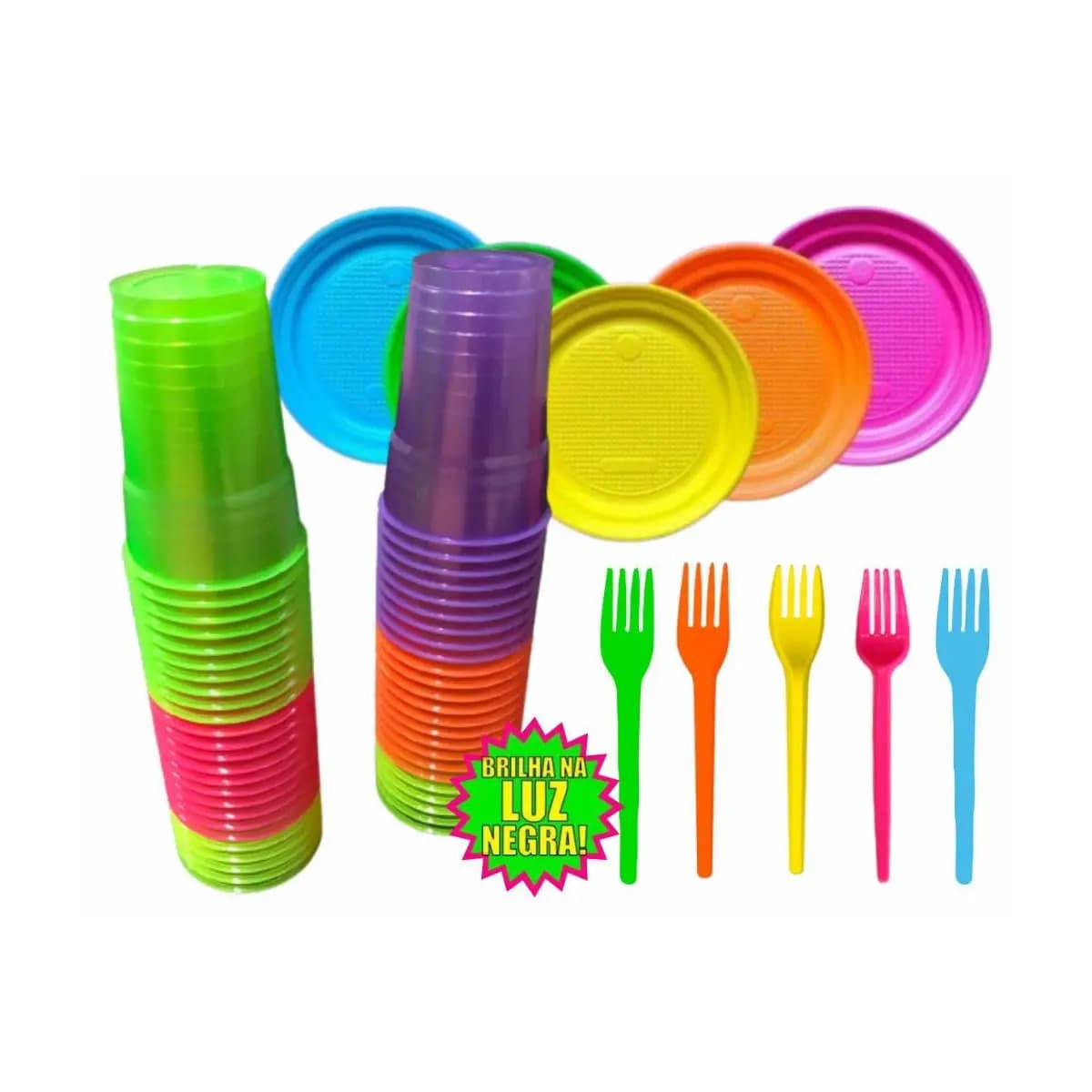 100 Copos Neon + 100 Pratinhos + 100 Garfinhos Festa Neon